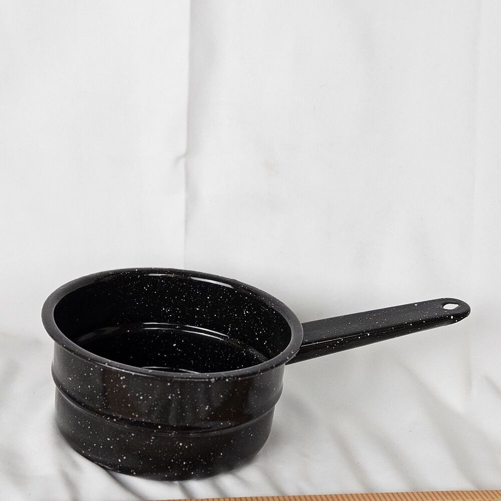 Old 1960s 3x6 Charcoal Gray White Speckled Vintage Enamelware One Quart Saucepan